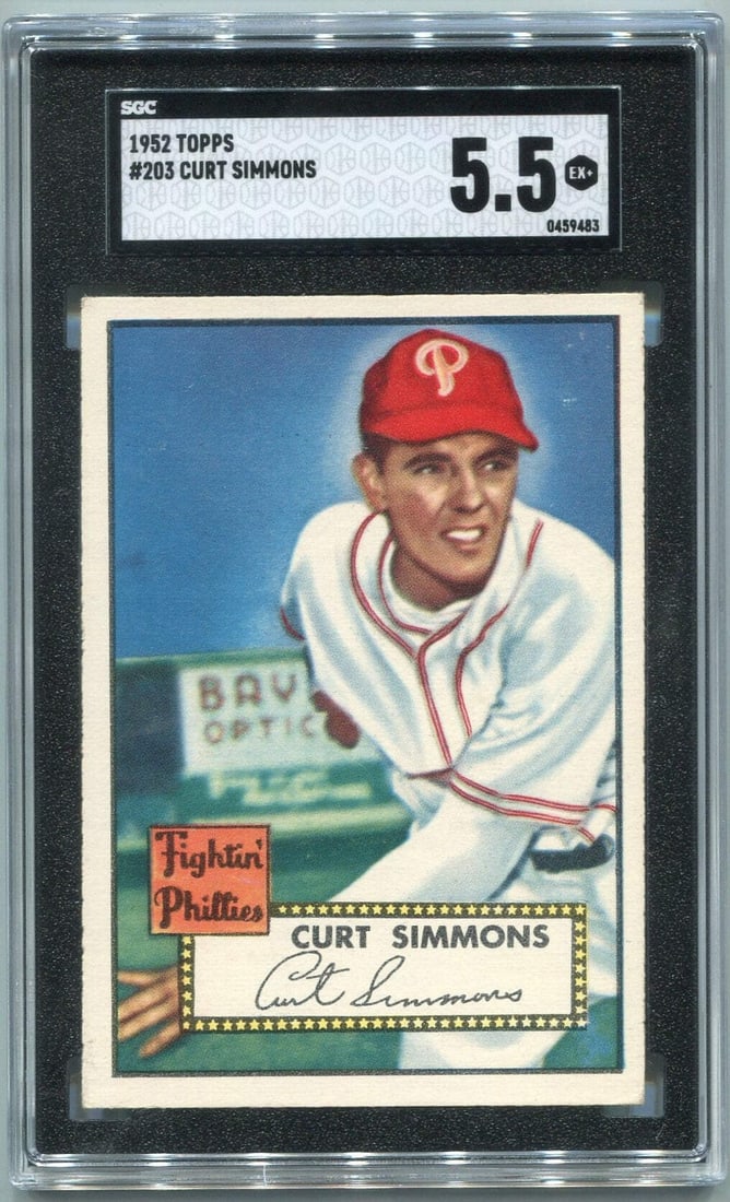 Curt Simmons 1952 Topps Card SGC Graded 5.5: Curt Simmons 1952 Topps Card SGC Graded 5.5 Curt Simmons' 1952 Topps Card graded 5.5 by the Sports Guaranty Corporation (SGC) is a highly regarded collectible, bearing the signature of the legendary p