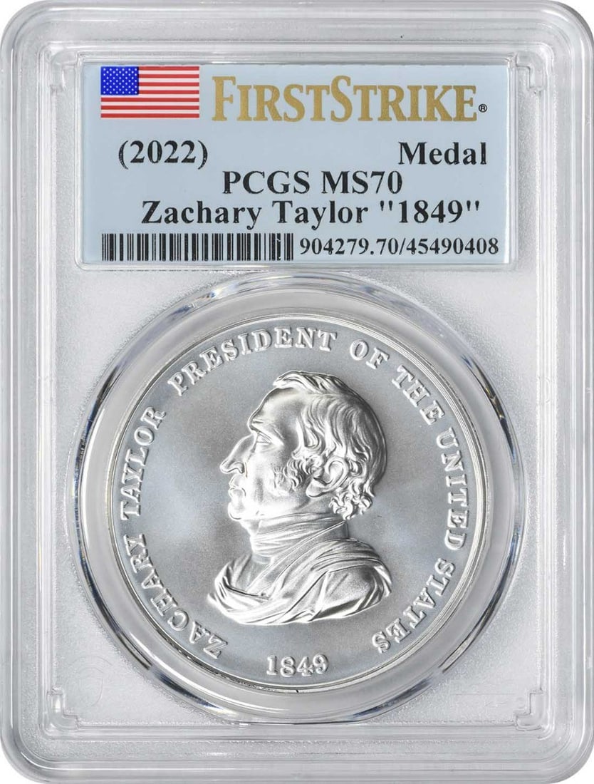 (2022) Zachary Taylor "1849" Silver Matte Finish Medal MS70 First Strike PCGS: (2022) Zachary Taylor "1849" Silver Matte Finish Medal MS70 First Strike PCGS The Zachary Taylor "1849" Silver Matte Finish Medal, certified MS70 by PCGS, boasts an impressive 99.9% silver