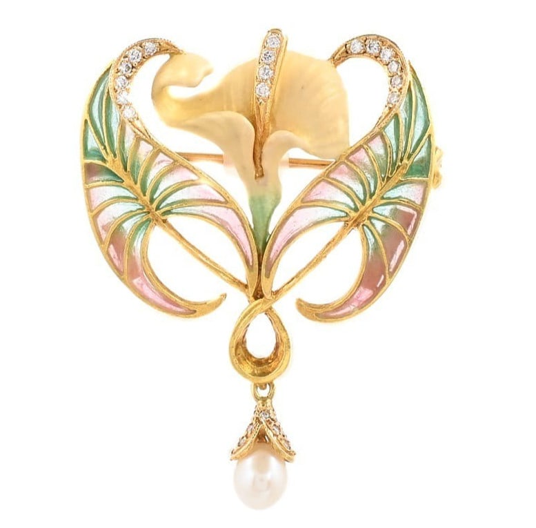 Masriera 18k Yellow Gold Enamel Diamond Pearl Lily Flower Pendant Charm Brooch: Masriera 18k Yellow Gold Enamel Diamond Pearl Lily Flower Pendant Charm Brooch Item Specifics: Pendant Shape: Flower Main Stone Creation: Natural Occasion: Anniversary Birthday Christmas Engagement Mo