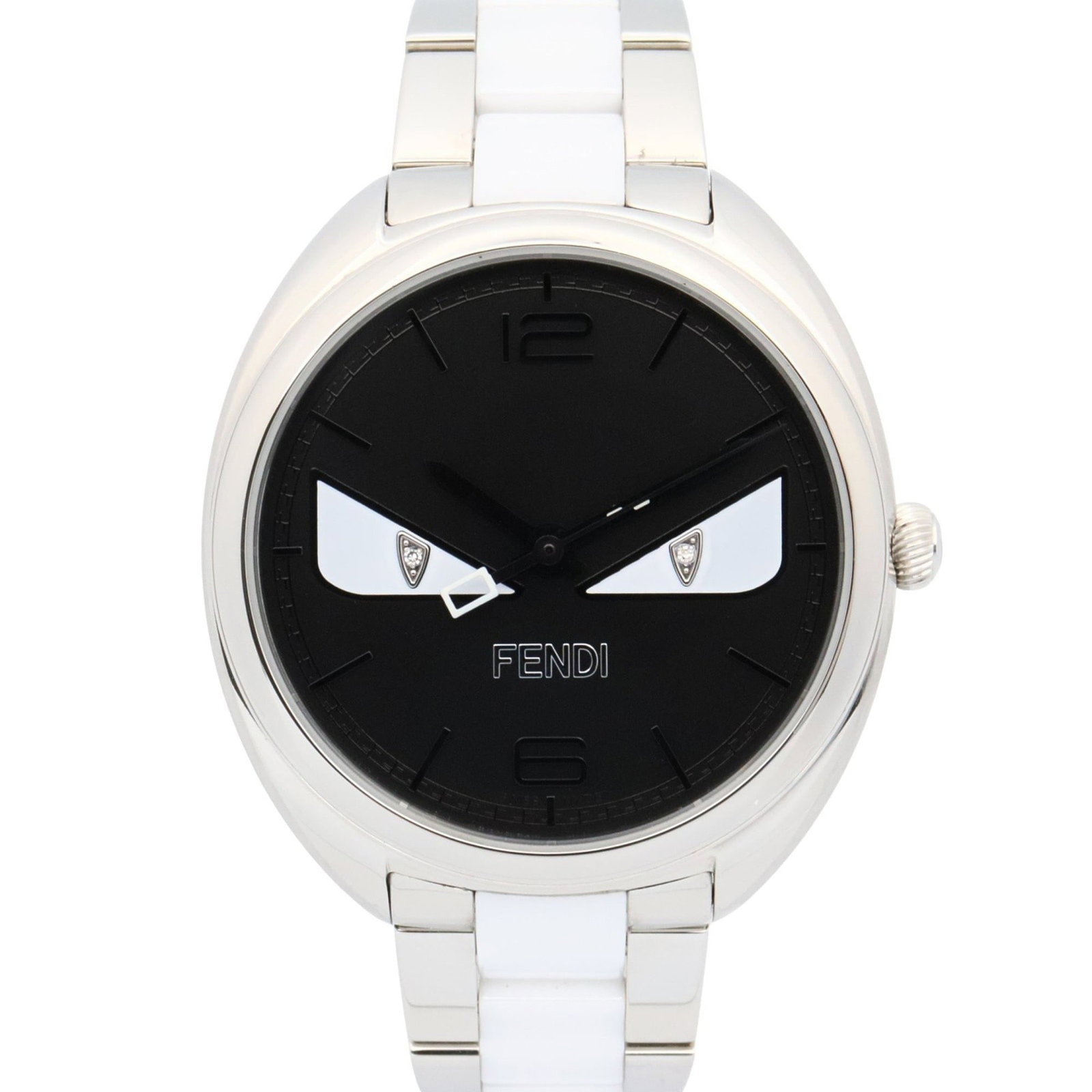 Fendi Wristwatch: Fendi Wristwatch Stainless steel case and band make up the sleek silhouette of this Fendi wristwatch, measuring 34mm in diameter. A few traces of usage are visible on the black dial, with some scratch