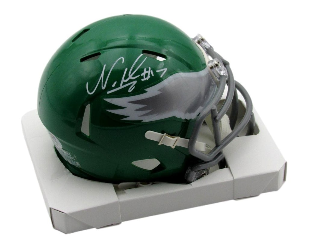 Nakobe Dean Autographed/ Signed Eagles Kelly Geen Mini Helmet PSA/ DNA 193058: Nakobe Dean Autographed/ Signed Eagles Kelly Geen Mini Helmet PSA/ DNA 193058 Authentic autograph from NFL star Nakobe Dean, signed on the Philadelphia Eagles Kelly Green Mini Helmet. This mini helmet