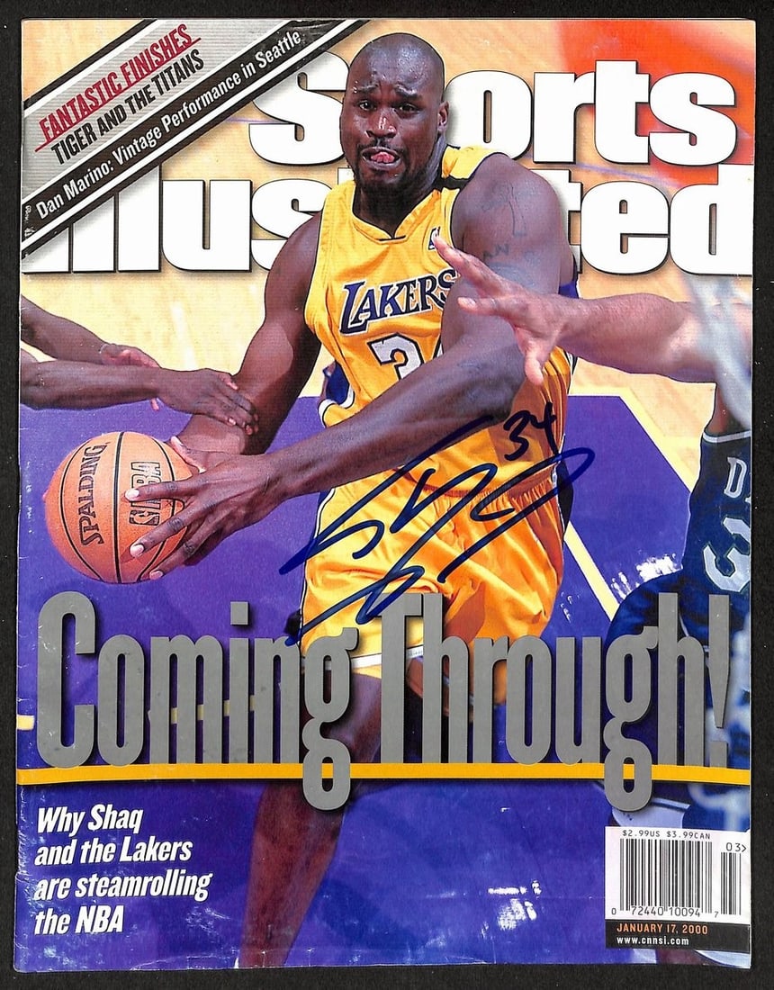 Lakers Signed SHAQUILLE O'NEAL Sports Illustrated 2000 No Label PSA/ DNA: Lakers Signed SHAQUILLE O'NEAL Sports Illustrated 2000 No Label PSA/ DNA Signed by Shaquille O'Neal in the 2000 Sports Illustrated issue, this SHAQUILLE O'NEAL Sports Illustrated No Label PSA/DNA