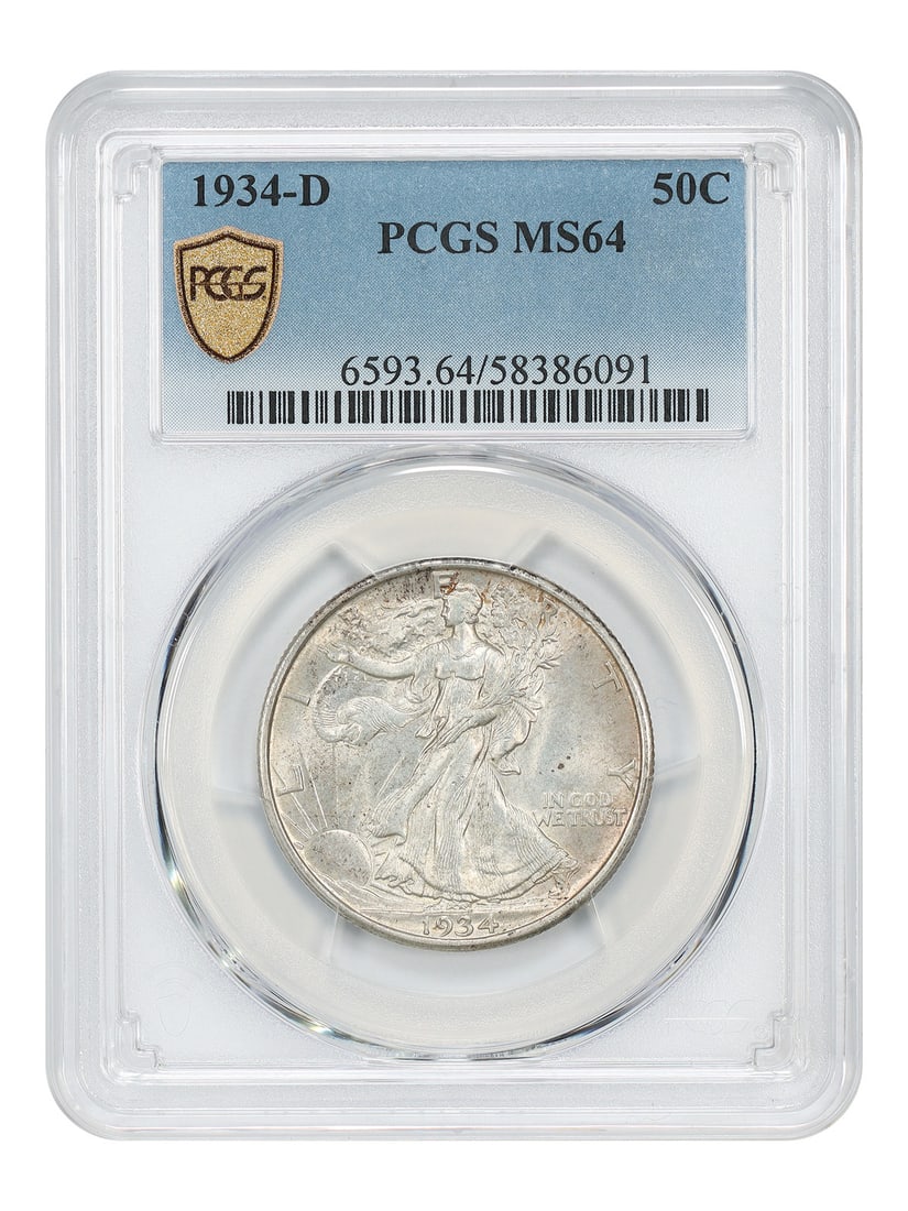 1934-D 50C PCGS MS64 - Walking Liberty Half Dollar: 1934-D 50C PCGS MS64 - Walking Liberty Half Dollar The 1934-D Walking Liberty Half Dollar, graded MS64 by PCGS, boasts exceptional mint state condition with crisp details and minimal wear. This