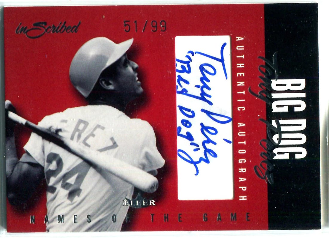 Tony Perez 2004 Fleer Skybox Autographed Card w/ "Big Dog" Inscription #51/ 99: Tony Perez 2004 Fleer Skybox Autographed Card w/ "Big Dog" Inscription #51/ 99 Tony Perez's 2004 Fleer Skybox Autographed Card features his signature, accompanied by the distinctive "Big Dog"