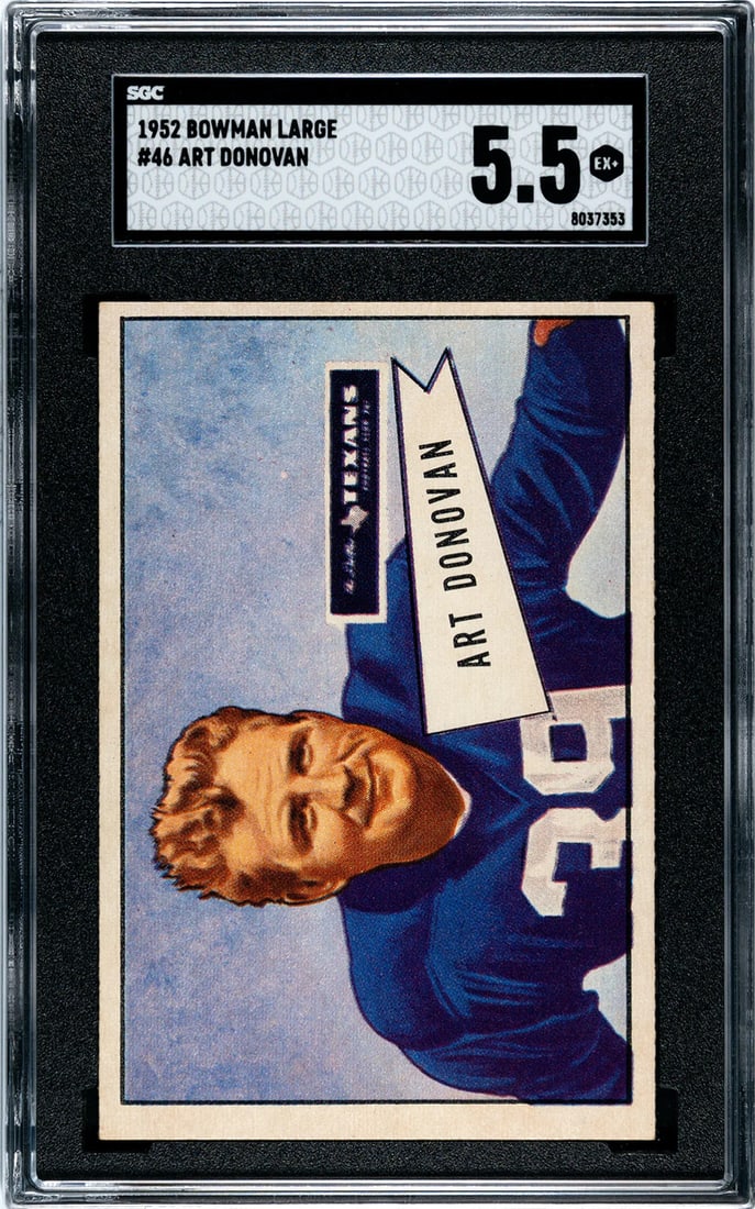Art Donovan 1952 Bowman Large Card #46 (SGC Ex+ 5.5): Art Donovan 1952 Bowman Large Card #46 (SGC Ex+ 5.5) SGC Ex+ 5.5 Art Donovan Baseball Card, a rare and highly graded example from the iconic 1952 Bowman set. This large card features Art Donovan, a