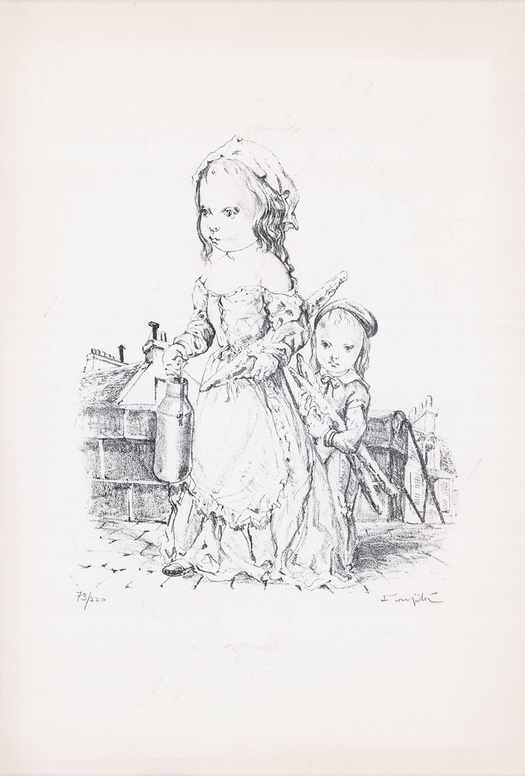Tsuguharu Leonard Foujita Signed Lithograph Two Sisters Bread and Milk Pot 220 (1 of 6)