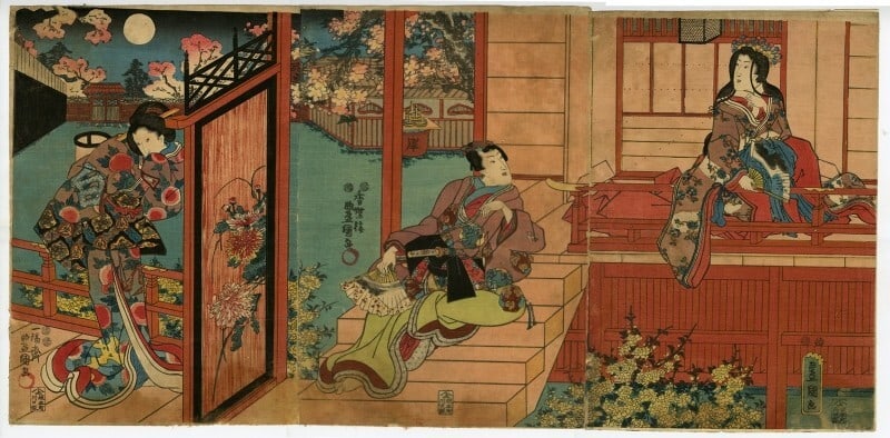 Toyokuni III Kunisada woodblock people geisha kimono cherry blossom trees moon: Toyokuni III Kunisada woodblock people geisha kimono cherry blossom trees moon Item Specifics: Primary Material: Paper Color: Multi-Color Original/Reproduction: Antique Original Region Of Origin: Japa