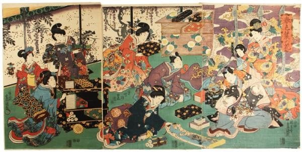 Japanese Woodblock Print Triptych Toyokuni Shunshoku Fumoto no Hana: Japanese Woodblock Print Triptych Toyokuni Shunshoku Fumoto no Hana Item Specifics: Artist: Utagawa Toyokuni Subject: Spring Flowers and Landscape Material: Washi Paper Style: Japanese Product