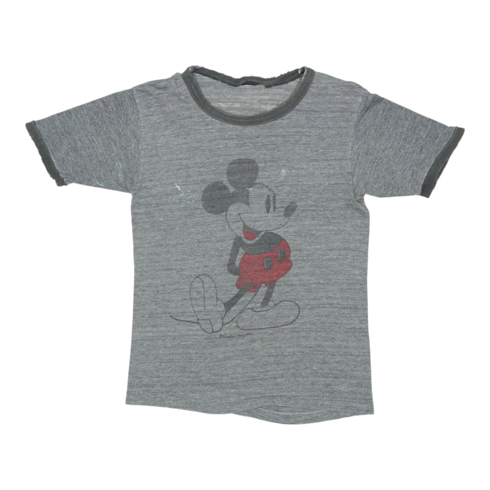 1980s Mickey Mouse Disney Shirt: 1980s Mickey Mouse Disney Shirt A true vintage find, this 1980s Mickey Mouse Disney Shirt boasts its original blend color and worn condition. With pit-to-pit measurements of 15.5 inches and a collar-t