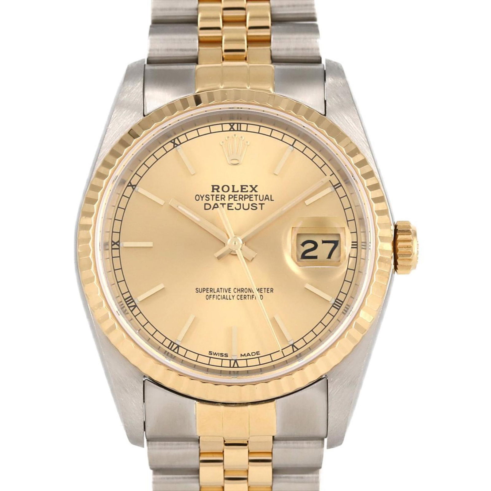 Rolex Wristwatch: Rolex Wristwatch Stainless steel and yellow gold construction, the Rolex wristwatch boasts a classic design with a 36mm case diameter. The watch features a gold dial and comes in a comfortable 17.5cm 