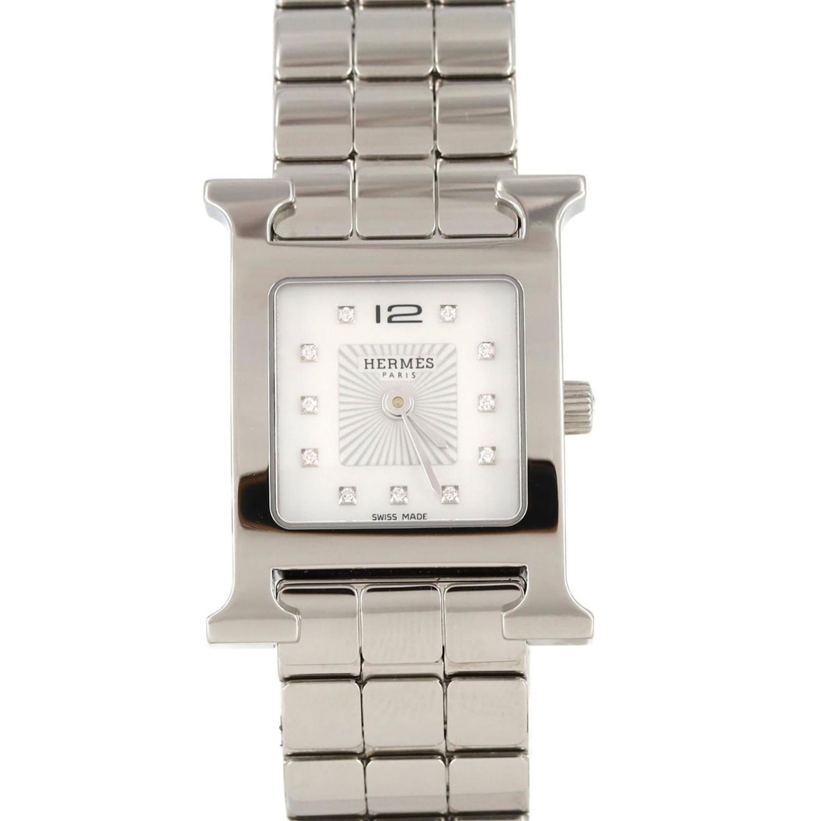 Hermes Wristwatch: Hermes Wristwatch Stainless steel case and band, mother of pearl dial, and a classic 21mm design make this Hermes wristwatch a timeless piece. With its durable construction and elegant appearance, it'