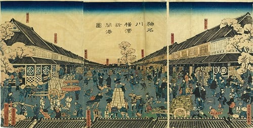 Sadahide Japanese Woodblock Print Triptych Yokohama Port Opening Kanagawa: Sadahide Japanese Woodblock Print Triptych Yokohama Port Opening Kanagawa Item Specifics: Artist: Utagawa Sadahide Subject: Yokohama-e Maritime Port Landscape Material: Paper Style: Japanese Size: