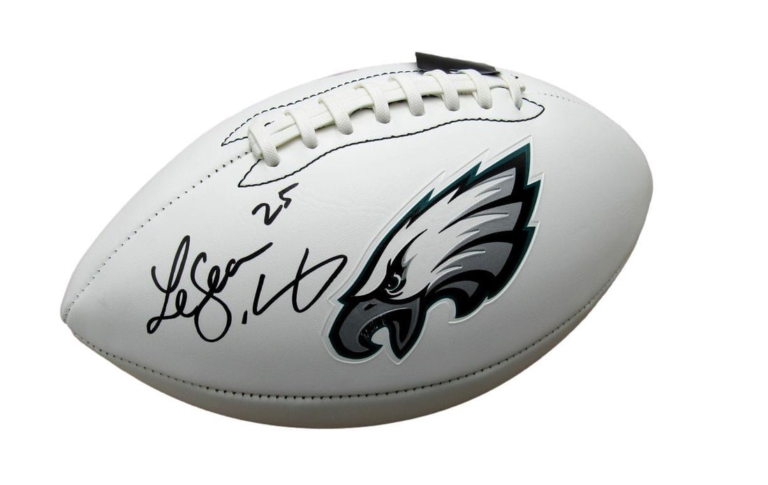 LeSean McCoy Signed/ Inscribed Eagles Logo Football Beckett 193092: LeSean McCoy Signed/ Inscribed Eagles Logo Football Beckett 193092 Signed by LeSean McCoy, the legendary running back for the Philadelphia Eagles, this Beckett authenticated football features an impre
