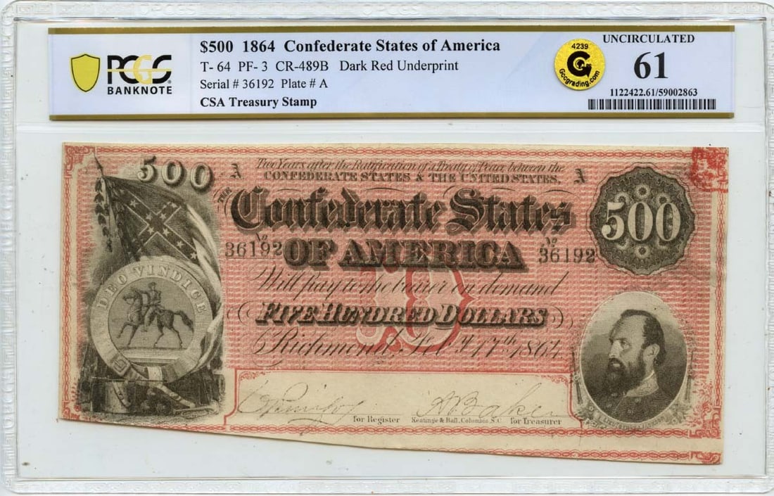 1864 $500 Confederate States of America T-64 CSA PCGS UNC 61 Dark Red GCC Gold: 1864 $500 Confederate States of America T-64 CSA PCGS UNC 61 Dark Red GCC Gold The 1864 $500 Confederate States of America T-64 CSA PCGS UNC 61 Dark Red features a striking dark red coloration,