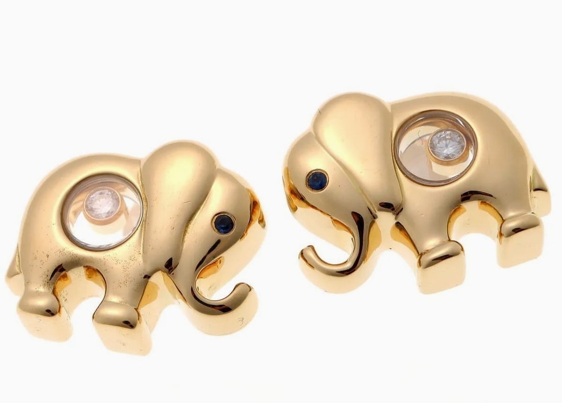 Chopard Happy Diamond 18k Yellow Gold Elephant Stud Earrings Animal Motif Rare: Chopard Happy Diamond 18k Yellow Gold Elephant Stud Earrings Animal Motif Rare Item Specifics: Antique: No Number Of Diamonds: 2 Shape: Elephant Occasion: Anniversary Birthday Christening Christmas