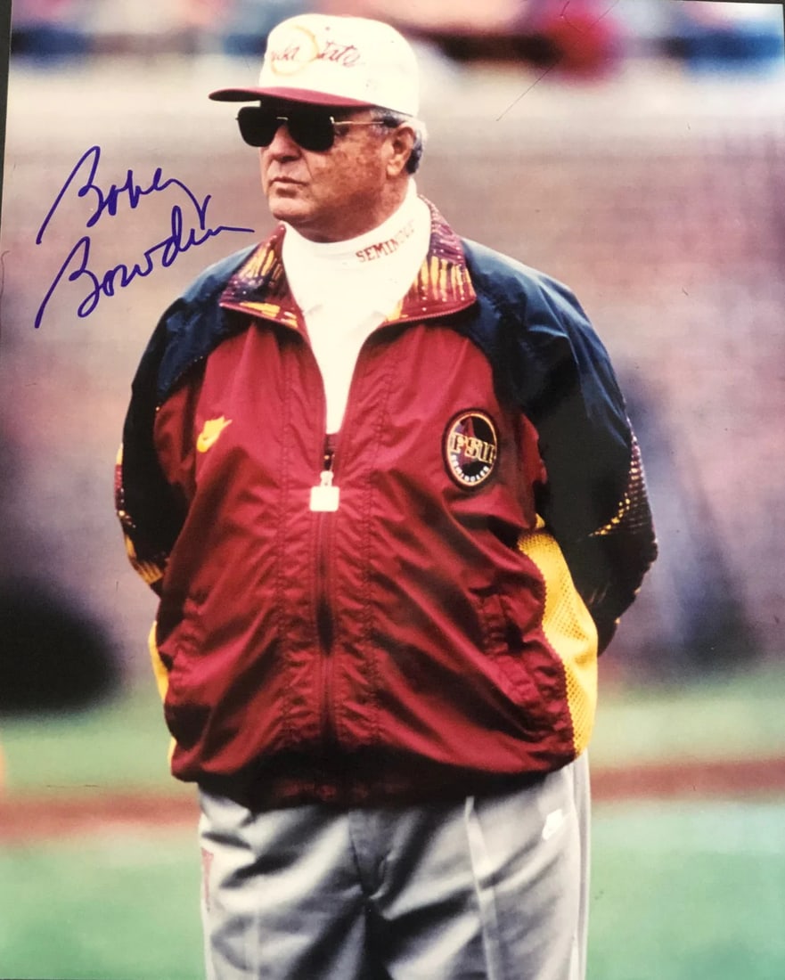 Bowden Autographed Football Bobby Photo: Bowden Autographed Football Bobby Photo Bobby Bowden's sharpie signature across the front of this 8x10 football photo adds a touch of personal charm to any sports memorabilia collection. The Florida S