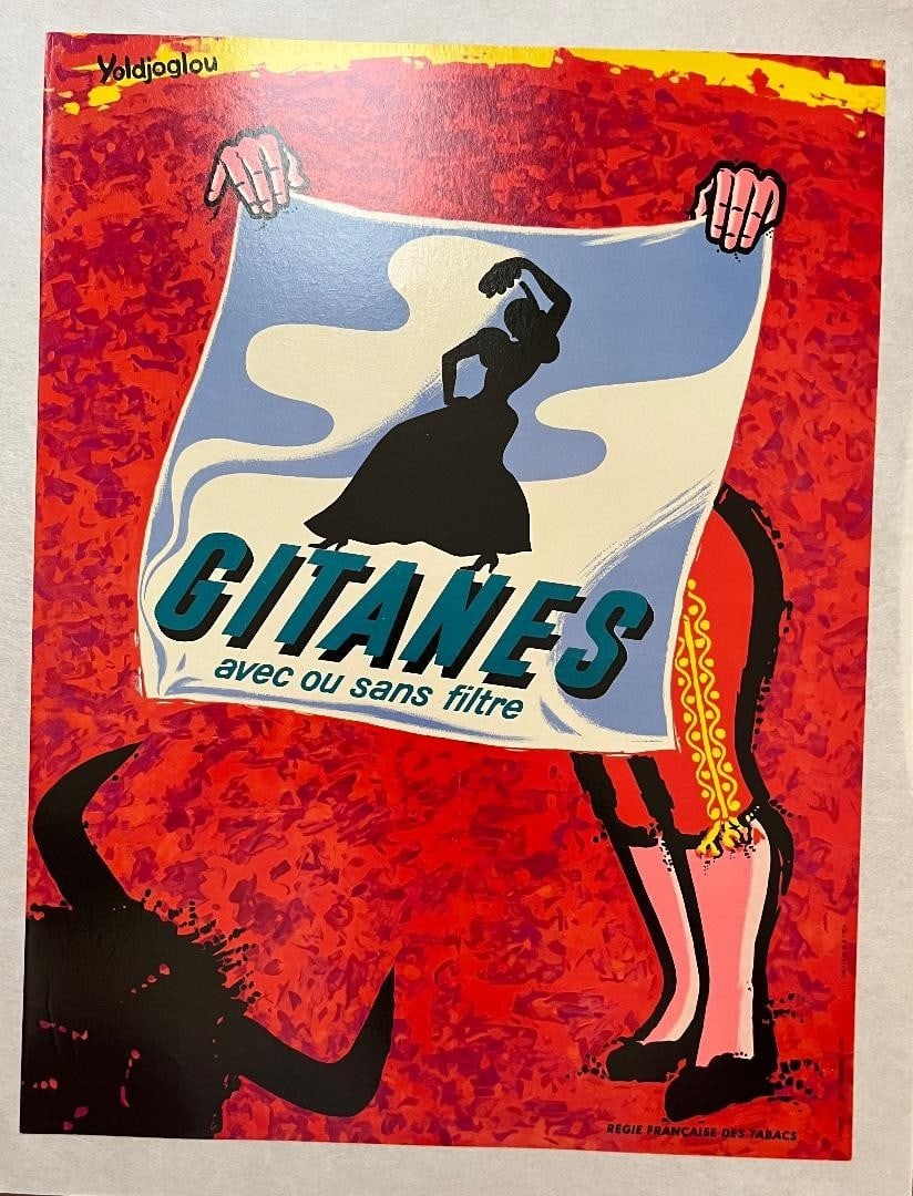1960s Gitanes Poster by Yoldjoglou Flamenco & Bull Motif, French Tobacco Ad: 1960s Gitanes Poster by Yoldjoglou Flamenco & Bull Motif, French Tobacco Ad Item Specifics: Unit Of Sale: Single Piece Artist: Yoldjoglou Image Orientation: Portrait Size: Medium Signed: No Material: