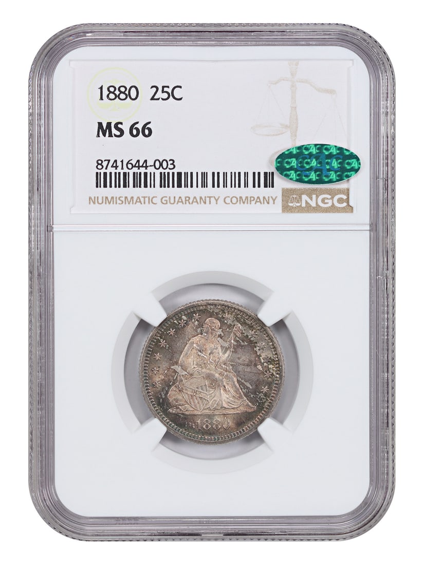 MS66 Liberty Seated Quarter Low Mintage Date NGC/ CAC 1880: MS66 Liberty Seated Quarter Low Mintage Date NGC/ CAC 1880 MS66 Liberty Seated Quarter Low Mintage Date NGC/ CAC 1880 features an uncirculated condition with a grade of MS66, indicating high quality