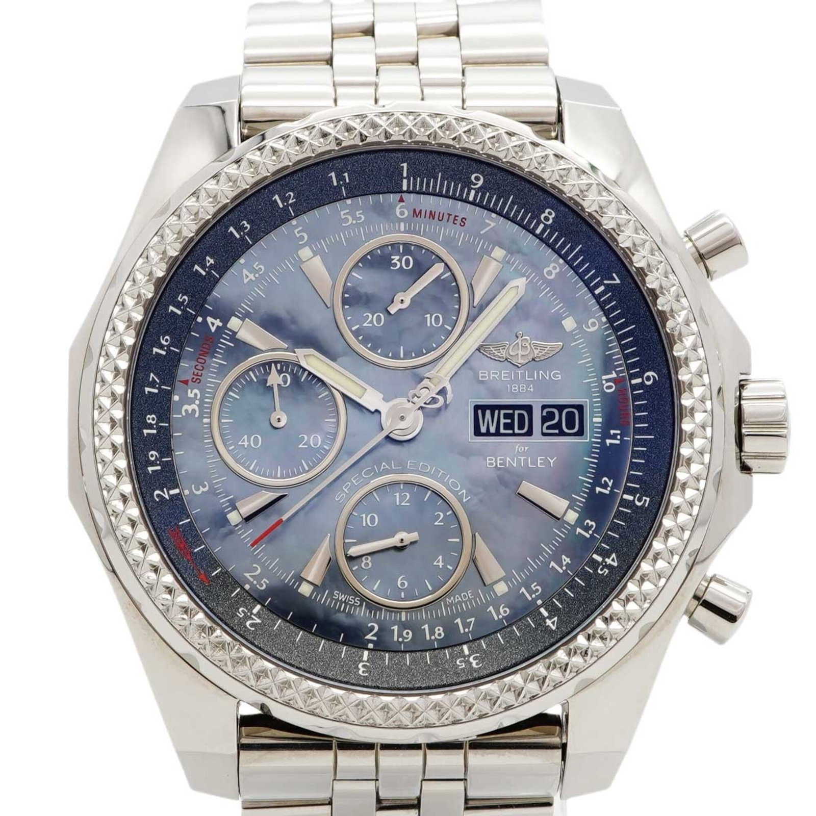 Breitling Wristwatch: Breitling Wristwatch Stainless steel band adds durability to this Breitling wristwatch, featuring a blue dial and 44.8mm case diameter. The watch has some scratches and dirt, but remains in very good 