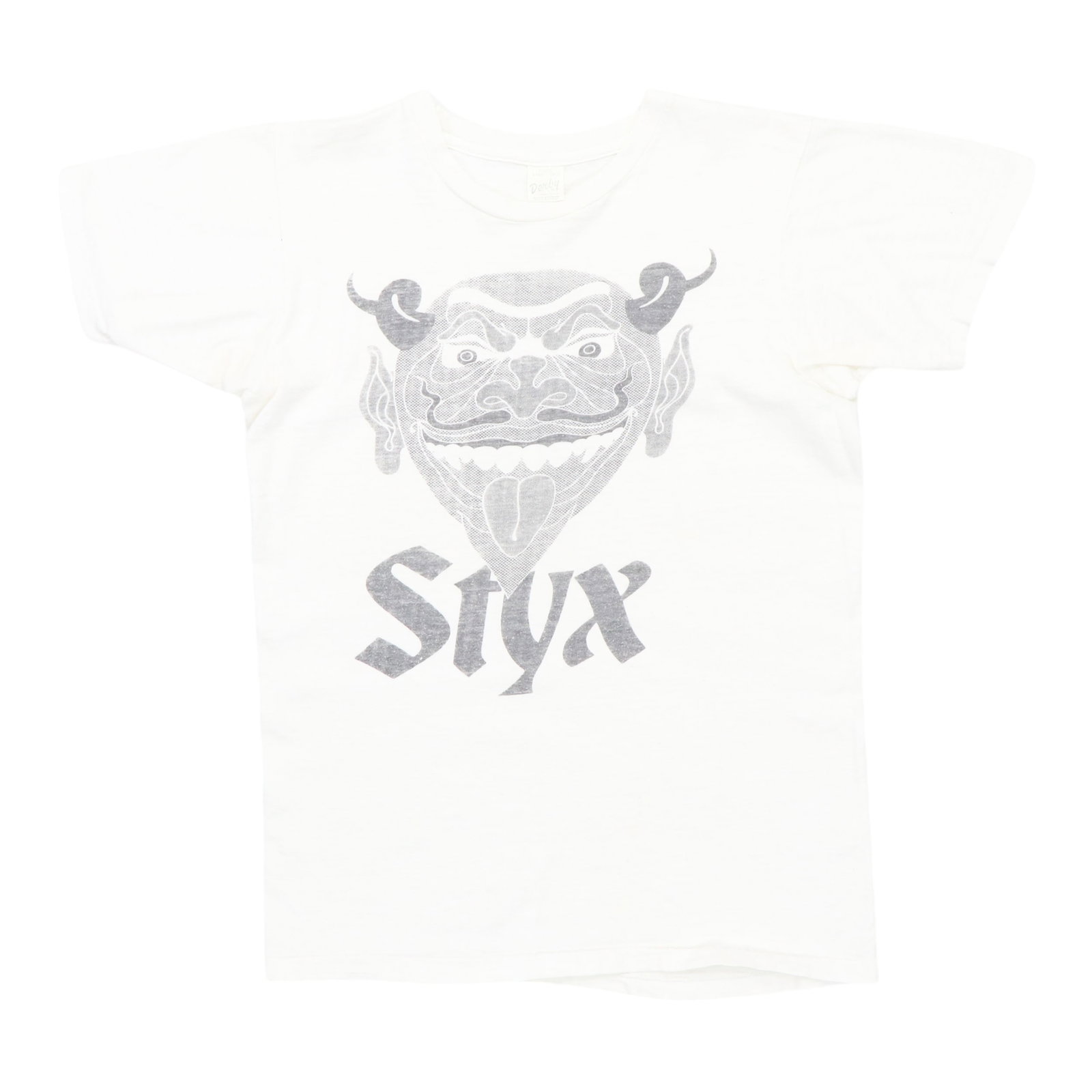 1970s Styx Shirt: 1970s Styx Shirt Small, white, and perfectly proportioned for the 1970s music fan, this vintage Styx shirt boasts a classic collar-to-hem ratio of 23 inches. Made from 100% cotton, it features a simpl