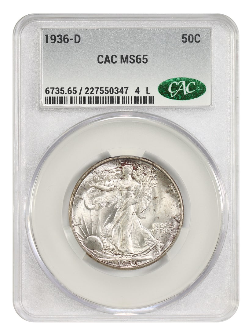 1936-D 50C CACG MS65 - Walking Liberty Half Dollar: 1936-D 50C CACG MS65 - Walking Liberty Half Dollar The 1936-D Walking Liberty Half Dollar, graded MS65 by CACG, boasts exceptional detail and luster, showcasing the iconic design of Walker's