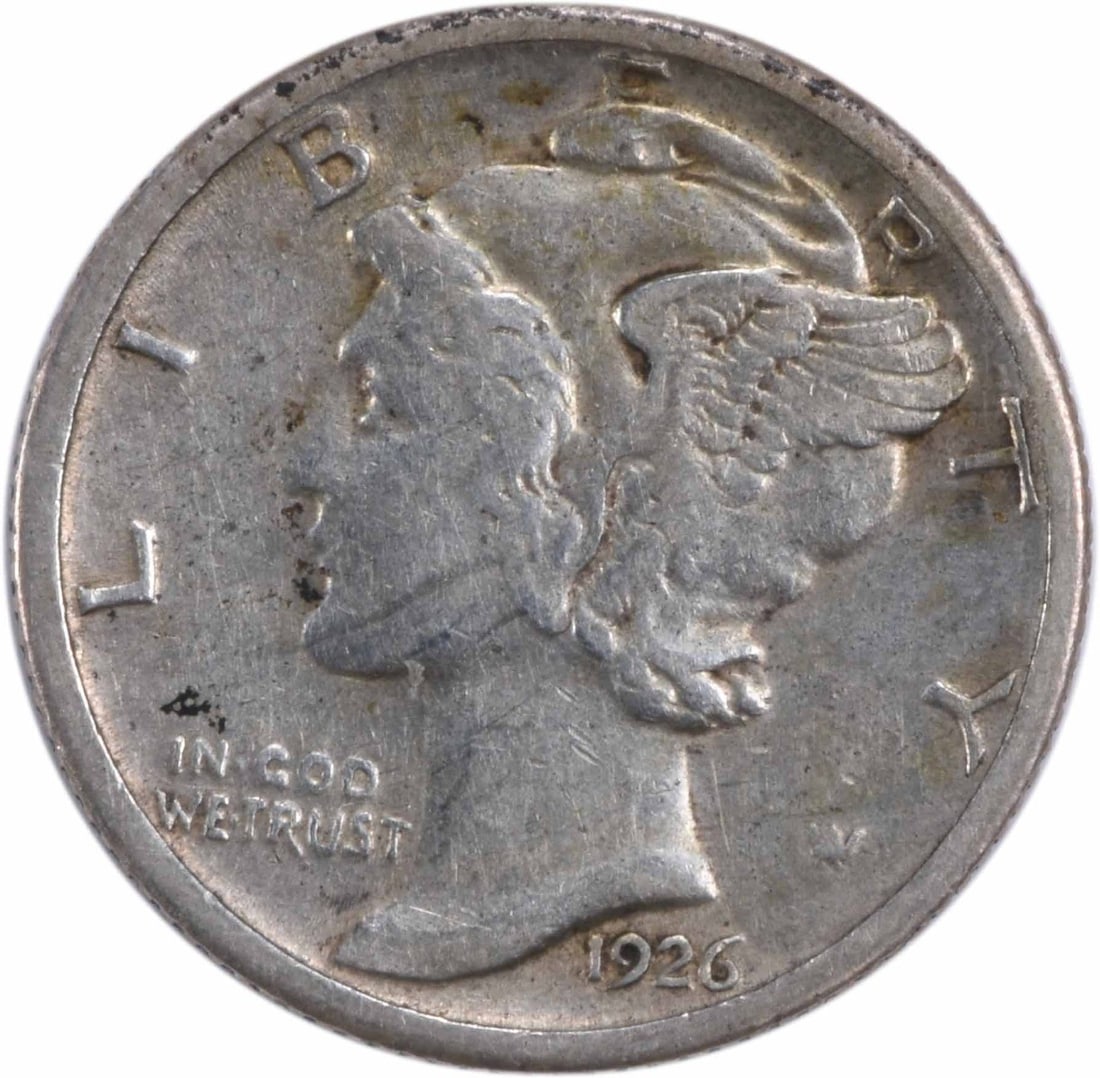 EF Uncertified Mercury Dime 1926-S Silver: EF Uncertified Mercury Dime 1926-S Silver EF Uncertified Mercury Dime 1926-S Silver features an impressive design by Adolph Alexander Weinman, with its reeded edge and 90% silver composition. This