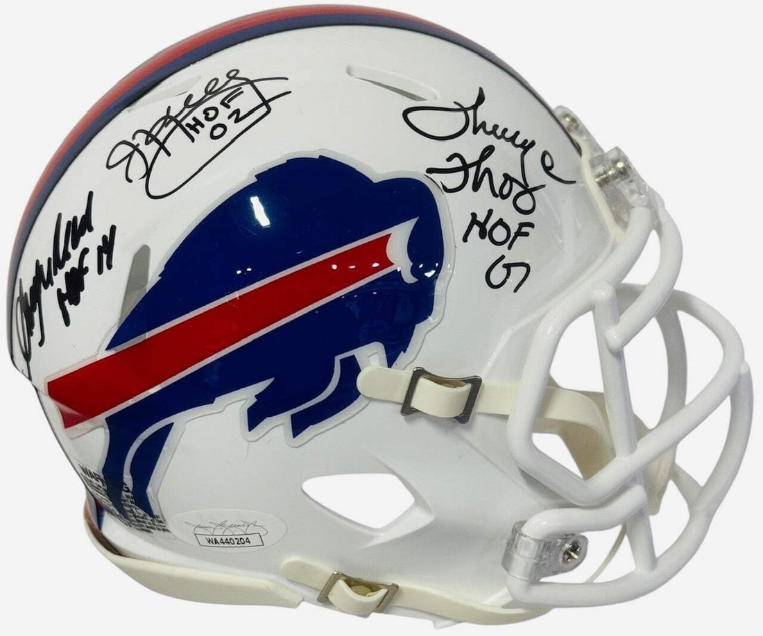Signed Andre Buffalo Bills Mini Helmet Jim Kelly Thurman Thomas Reed: Signed Andre Buffalo Bills Mini Helmet Jim Kelly Thurman Thomas Reed Signed by Jim Kelly, Thurman Thomas, and Andre Reed in black sharpie across the side of this mini Buffalo Bills helmet. The James