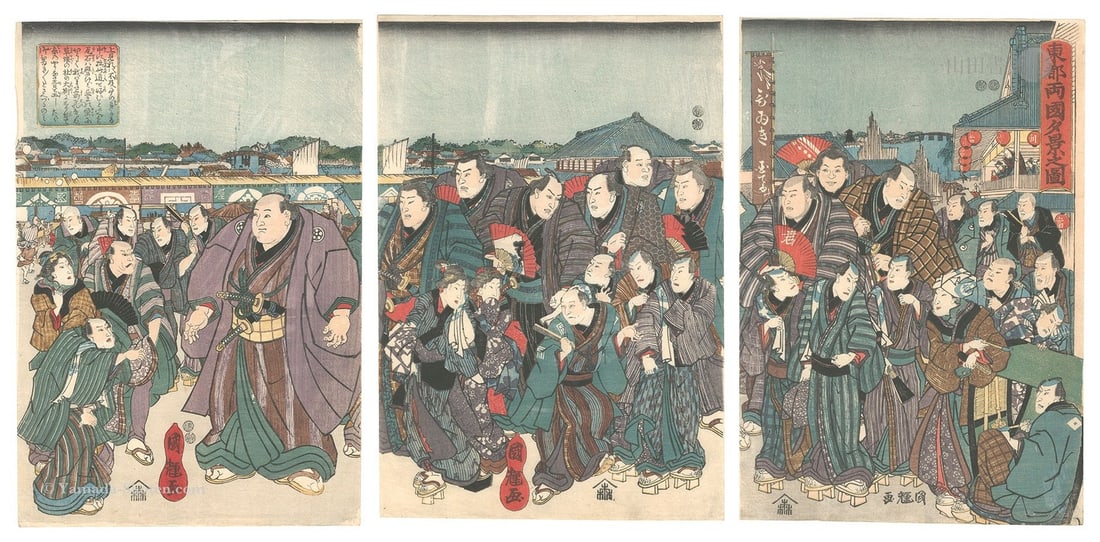 Ukiyo e Woodblock Print Evening View 1847 52 Ryogoku Kuniteru I Triptych (1 of 1)