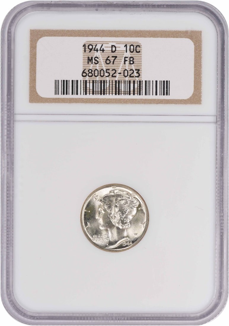 MS67FB Mercury Dime Silver 1944-D: MS67FB Mercury Dime Silver 1944-D The MS67FB Mercury Dime Silver 1944-D boasts an impressive grade, showcasing its exceptional condition and striking design. This rare coin features a reeded edge and 