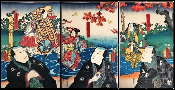 Woodblock Print Japanese Toyokuni III Kabuki Scene Triptych Kunisada (1 of 1)