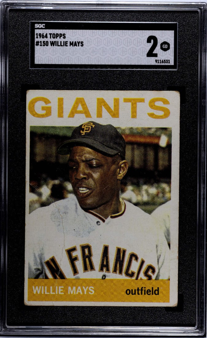 SGC 2 Willie Mays 1964 Topps #150: SGC 2 Willie Mays 1964 Topps #150 SGC 2 Willie Mays 1964 Topps #150 - A highly graded example of one of baseball's all-time greats, featuring the iconic Willie Mays in his prime. This card boasts a
