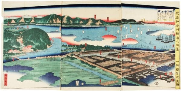 Japanese Woodblock Print Triptych Yoshitora View of Yokohama Kanagawa (1 of 1)