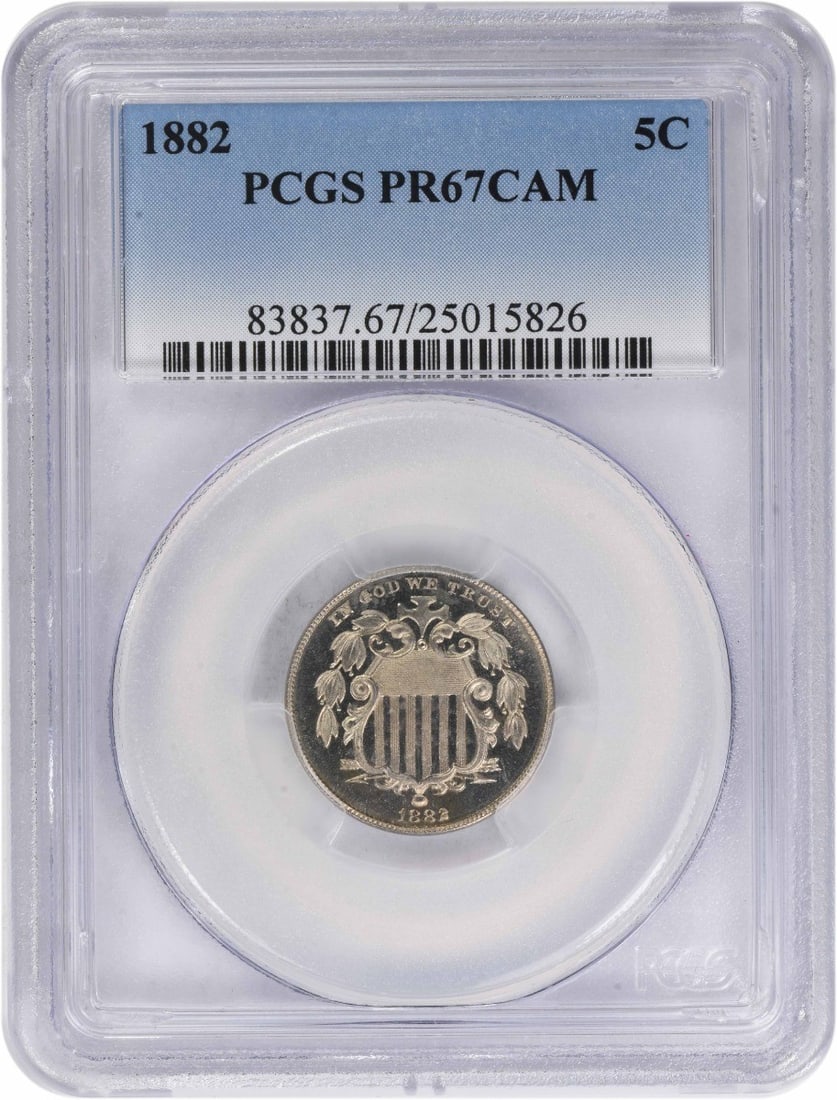 1882 Shield Nickel PR67CAM PCGS: 1882 Shield Nickel PR67CAM PCGS The 1882 Shield Nickel PR67CAM PCGS boasts exceptional condition, with its 75% copper and 25% nickel composition and striking design by James Barton Longacre. This coin