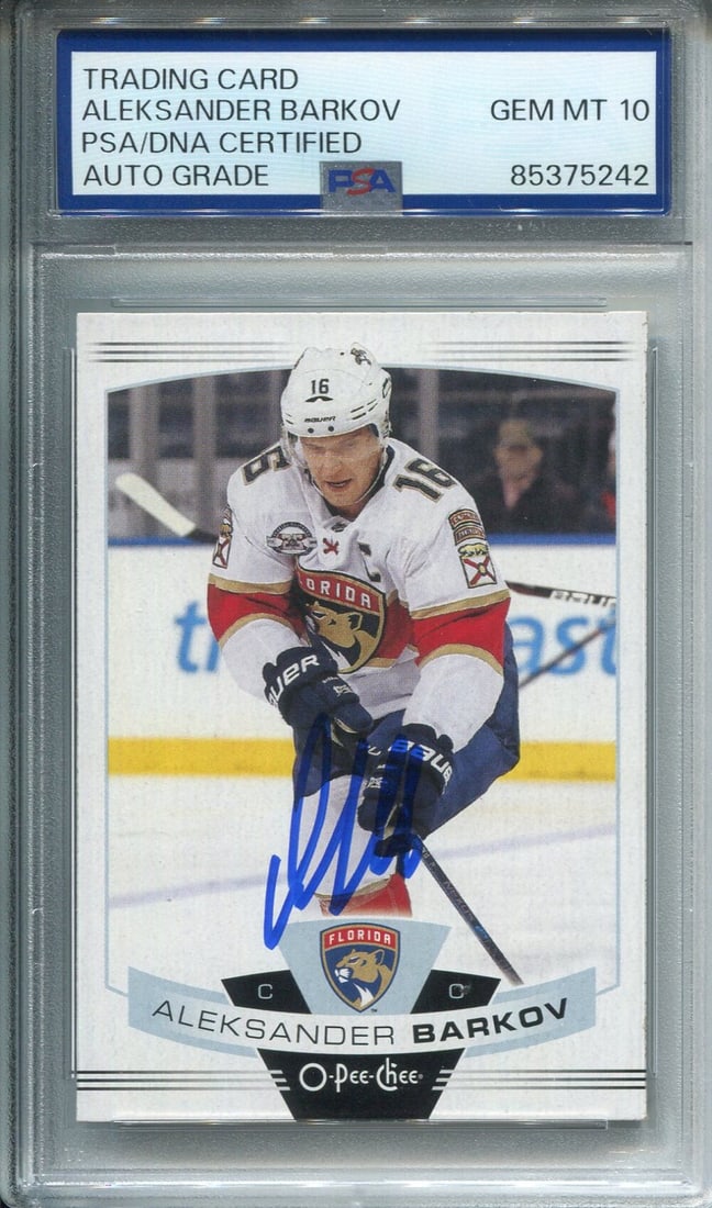Aleksander Barkov Autographed O-Pee-Chee Card PSA Auto Grade 10: Aleksander Barkov Autographed O-Pee-Chee Card PSA Auto Grade 10 Aleksander Barkov's skills on the ice are matched by his skill in signing this O-Pee-Chee card, which PSA has graded with a perfect 10