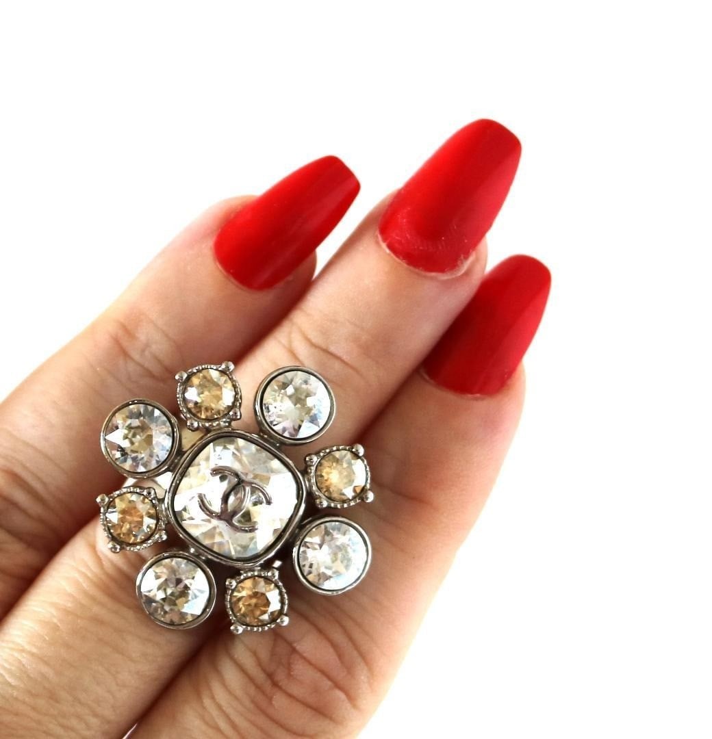 Coco Chanel C13 V Rare Rhinestone Ring US6.5-7 Silver Tone (1 of 11)