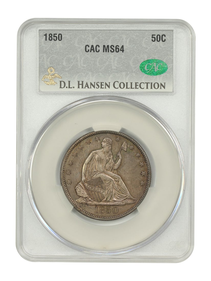 1850 50C CACG MS64 ex: D.L. Hansen - Liberty Seated Half Dollar: 1850 50C CACG MS64 ex: D.L. Hansen - Liberty Seated Half Dollar The 1850 Liberty Seated Half Dollar, graded MS64 by CACG, boasts exceptional detail and luster. This uncirculated coin features the