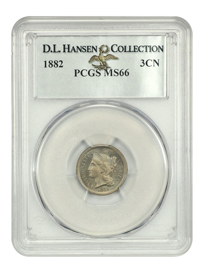 PCGS MS66 3CN 1882: PCGS MS66 3CN 1882 PCGS MS66 3CN 1882 - A highly graded example of the Three Cent Nickel, boasting an impressive MS66 grade and a striking appearance. Certified by PCGS, this coin showcases