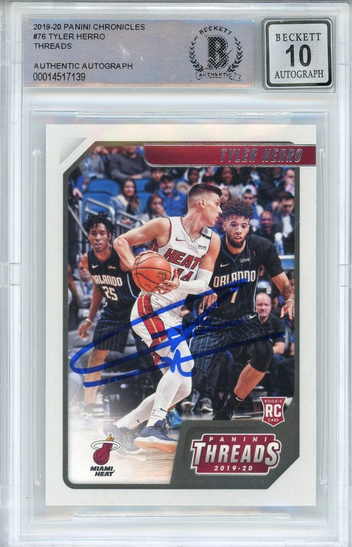 Tyler Herro Autographed 2019-20 Panini Chronicles Threads Rookie Card #76 (BGS 1: Tyler Herro Autographed 2019-20 Panini Chronicles Threads Rookie Card #76 (BGS 1 Tyler Herro Autographed 2019-20 Panini Chronicles Threads Rookie Card #76, graded by Beckett with an Auto Grade 10.