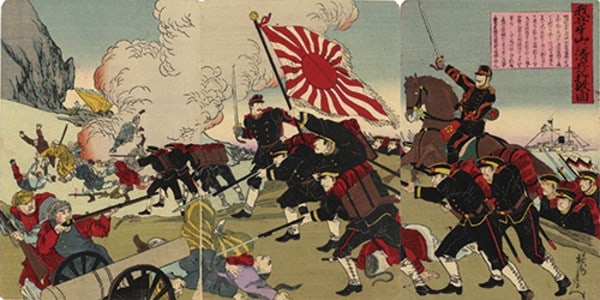 Woodblock print triptych from Sino Japanese war victory: Woodblock print triptych from Sino Japanese war victory Item Specifics: Artist: Yosai Nobukazu Subject: Sino-Japanese War Battle Material: Paper Style: Japanese Year Of Production: Meiji period Produc