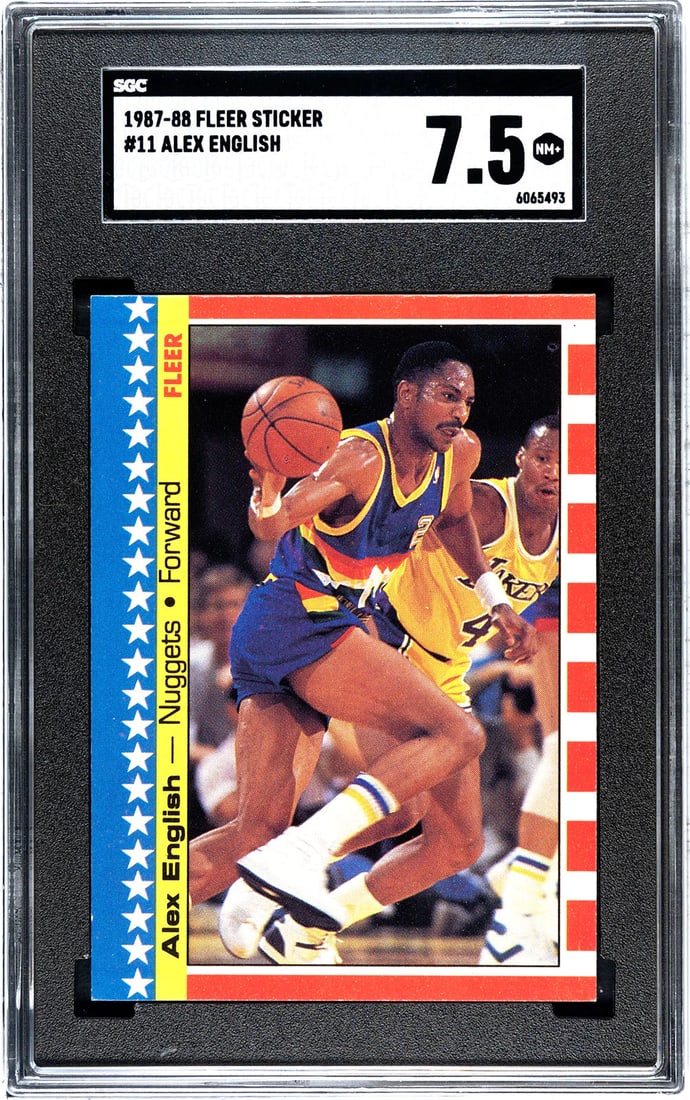 English 1987-88 Fleer Sticker #SGC 7.5: English 1987-88 Fleer Sticker #SGC 7.5 This 1987-88 Fleer Sticker features Alex English, a notable player in the NBA. The sticker has been graded by SGC to an 7.5, indicating its condition and