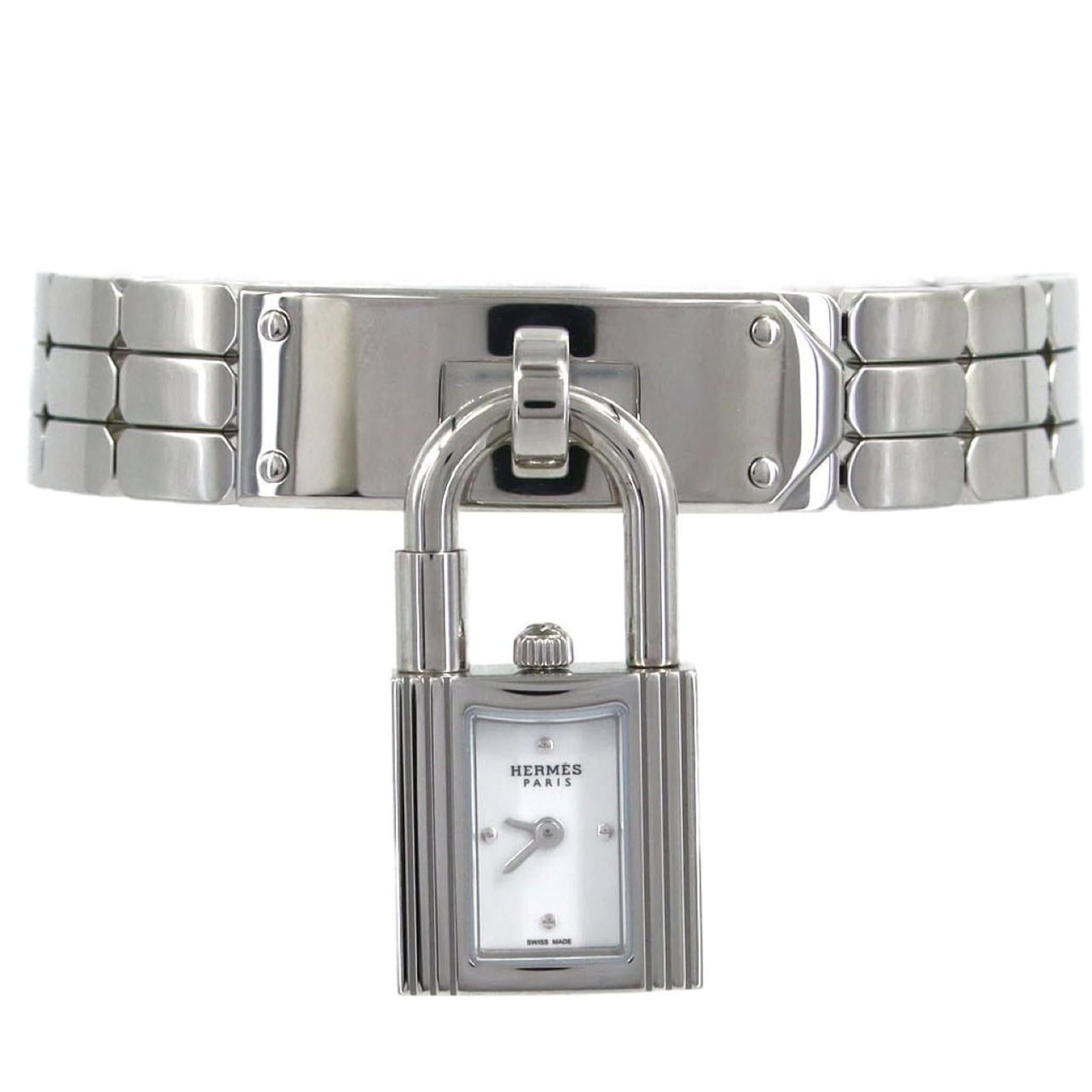 Hermes Wristwatch: Hermes Wristwatch Stainless steel case and band add a sleek touch to this white dial women's wristwatch, measuring 16mm in diameter. The watch has been well-cared for with only minor signs of usage vi