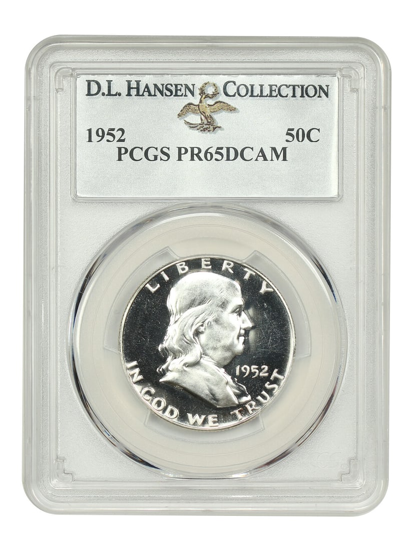 1952 50C PCGS PR65DCAM ex: D.L. Hansen: 1952 50C PCGS PR65DCAM ex: D.L. Hansen The 1952 50C PCGS PR65DCAM is a highly graded uncirculated half dollar, certified by the Professional Coin Grading Service (PCGS) with a grade of 65. This coin