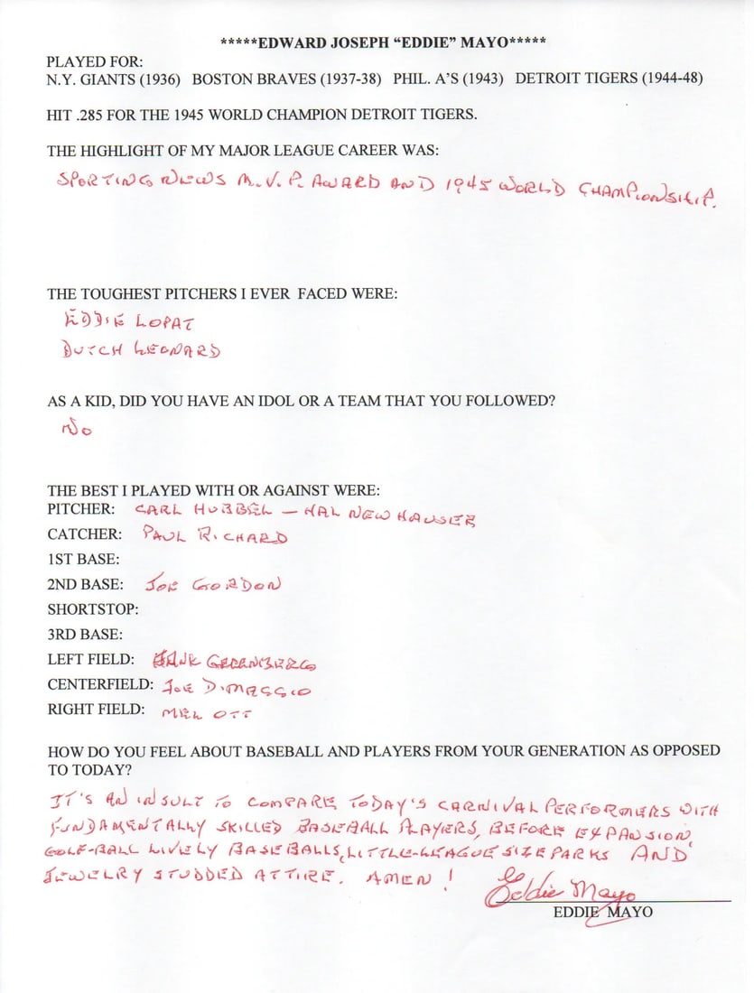 Eddie Mayo Autographed Hand Filled Out Survey Page (JSA) (1 of 2)