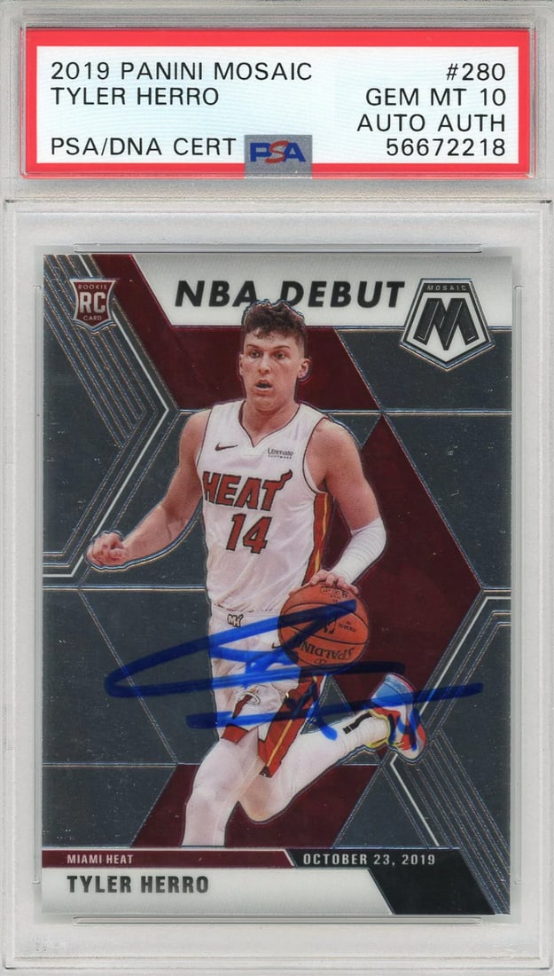 Tyler Herro Autographed 2019 Panini Mosaic Rookie Card #280 (PSA): Tyler Herro Autographed 2019 Panini Mosaic Rookie Card #280 (PSA) Tyler Herro's rookie card from the 2019 Panini Mosaic set, graded Gem Mint 10 by PSA, features his signature in blue sharpie across