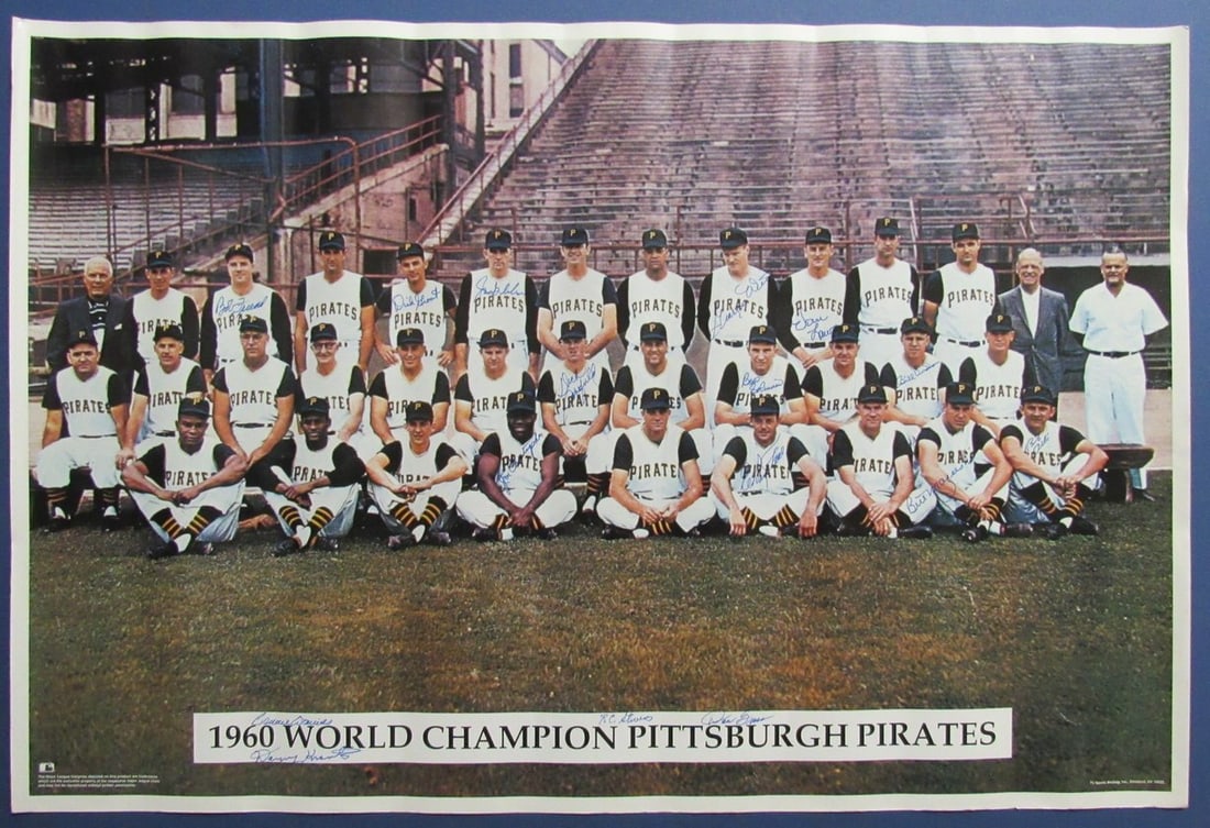Pittsburgh Pirates Team Autographed 1960 World Champs 36x24 Poster 176532: Pittsburgh Pirates Team Autographed 1960 World Champs 36x24 Poster 176532 Original 1960 World Champs poster featuring the Pittsburgh Pirates, signed by the team. This iconic piece of baseball history