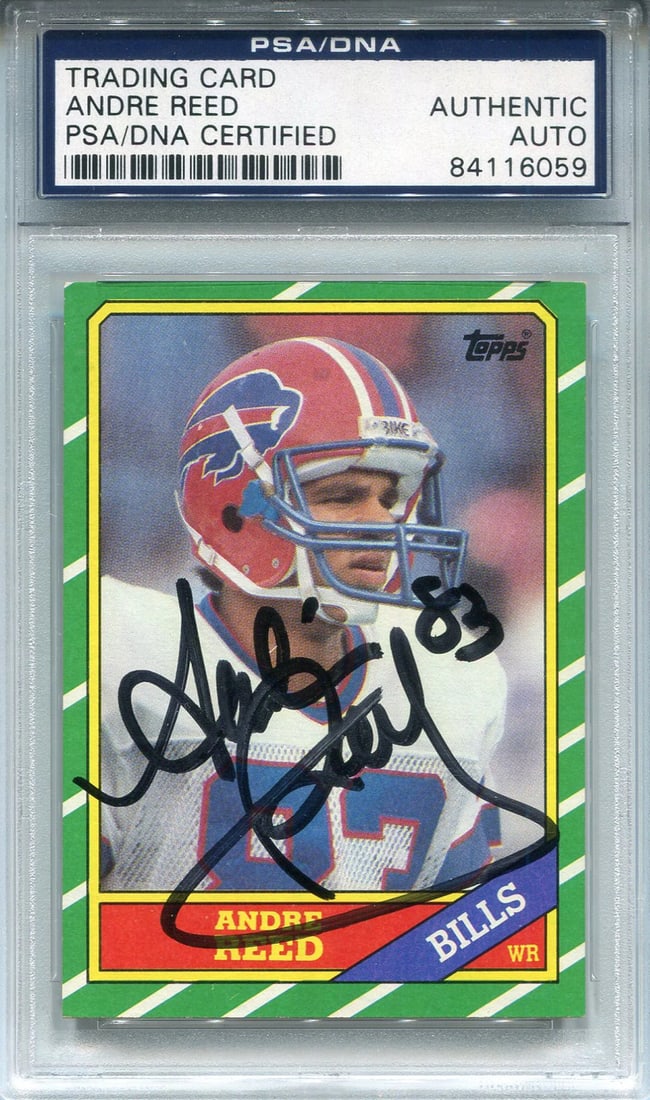 Andre Reed Autographed 1986 Topps Rookie Card (PSA): Andre Reed Autographed 1986 Topps Rookie Card (PSA) Item Specifics: Brand: PSA/DNA Andre Reed Autographed 1986 Topps Rookie Card Signed in black sharpie across the front of the card Card is