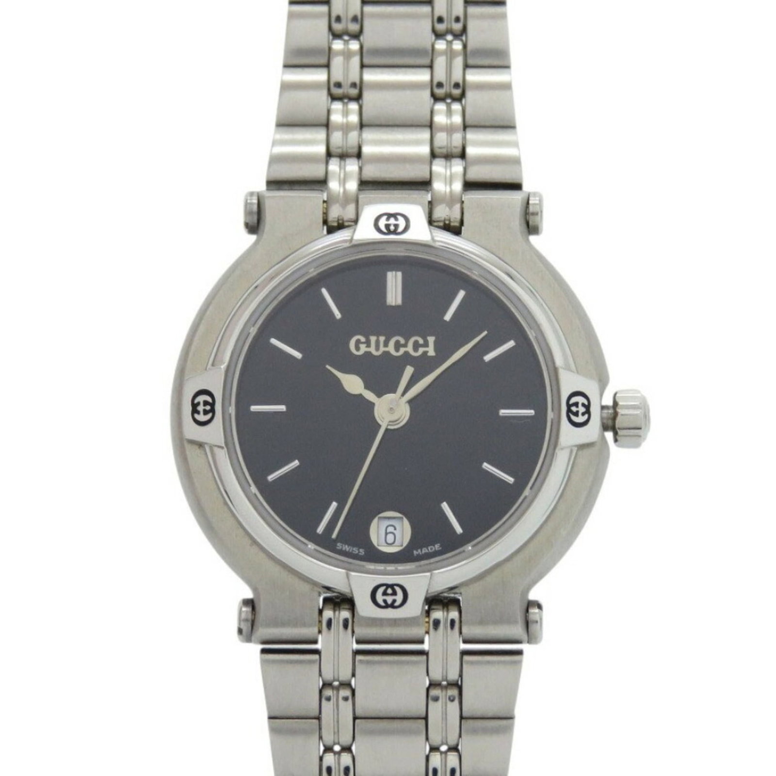 Wristwatch from Gucci: Wristwatch from Gucci Stainless steel case and band add a sleek touch to this black dial Gucci wristwatch, with a diameter of 24mm. The watch measures 17.5cm in circumference, suitable for wrists up t