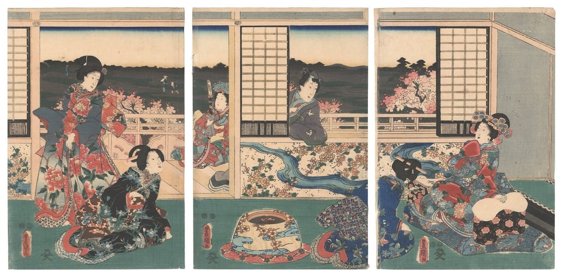 Toyokuni III woodblock print triptych geisha kimono makeup architecture japanese: Toyokuni III woodblock print triptych geisha kimono makeup architecture japanese Item Specifics: Primary Material: Paper Color: Multi-Color Original/Reproduction: Antique Original Region Of Origin: Ja