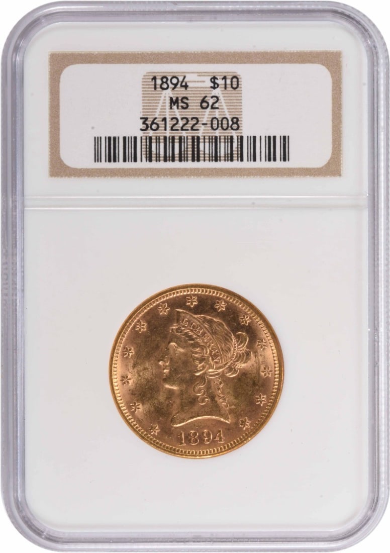 MS62 Liberty Head Gold $10 1894: MS62 Liberty Head Gold $10 1894 The MS62 Liberty Head Gold $10 1894 coin boasts an impressive grade of 62, indicating its exceptional condition and rarity. With a rich history dating back to the Phila