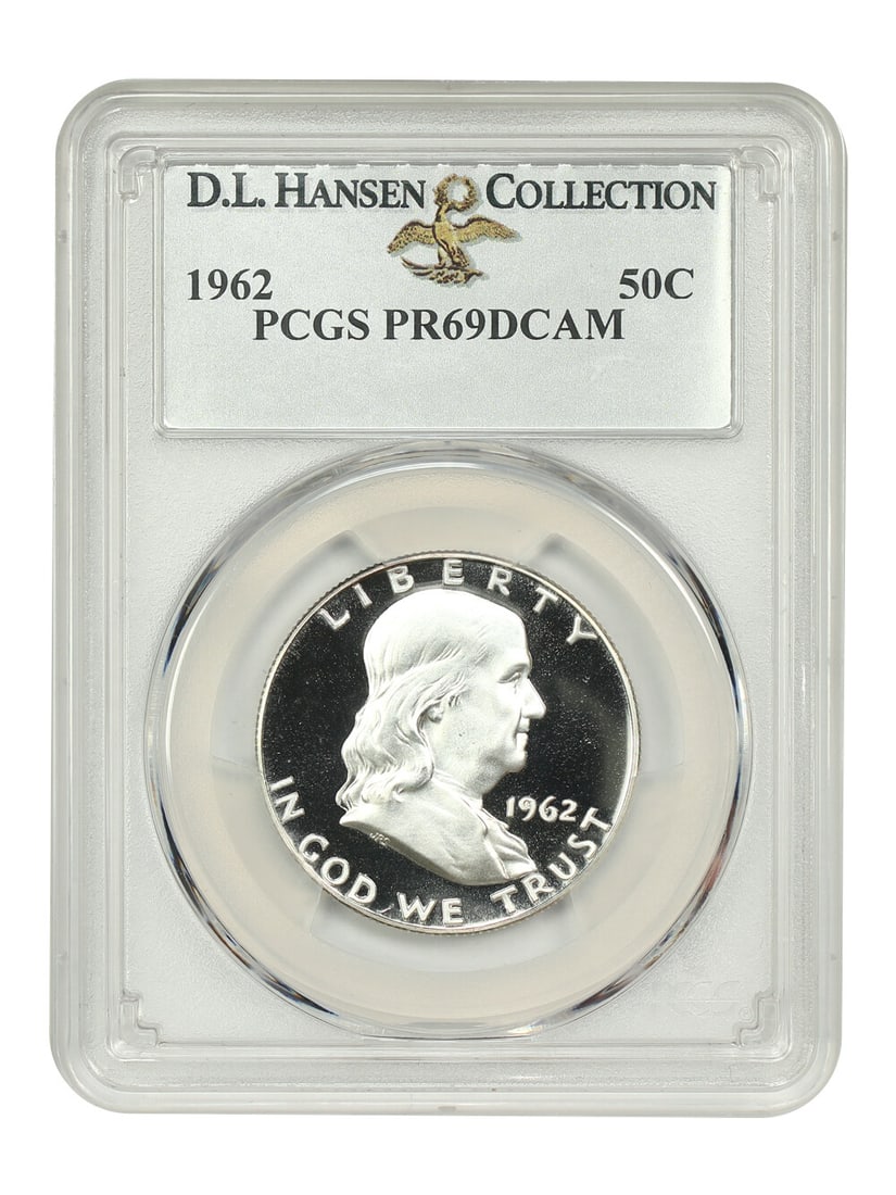 1962 50C PCGS PR69DCAM ex: D.L. Hansen: 1962 50C PCGS PR69DCAM ex: D.L. Hansen The 1962 50C PCGS PR69DCAM is an exceptional example of circulated uncirculated coins, boasting a high grade of 69 from the Professional Coin Grading Service. Th